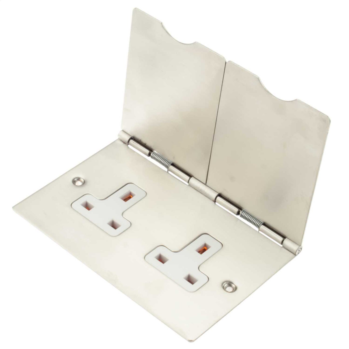 Hamilton 13A 2 Gang Unswitched Floor Socket White Insert Satin Chrome