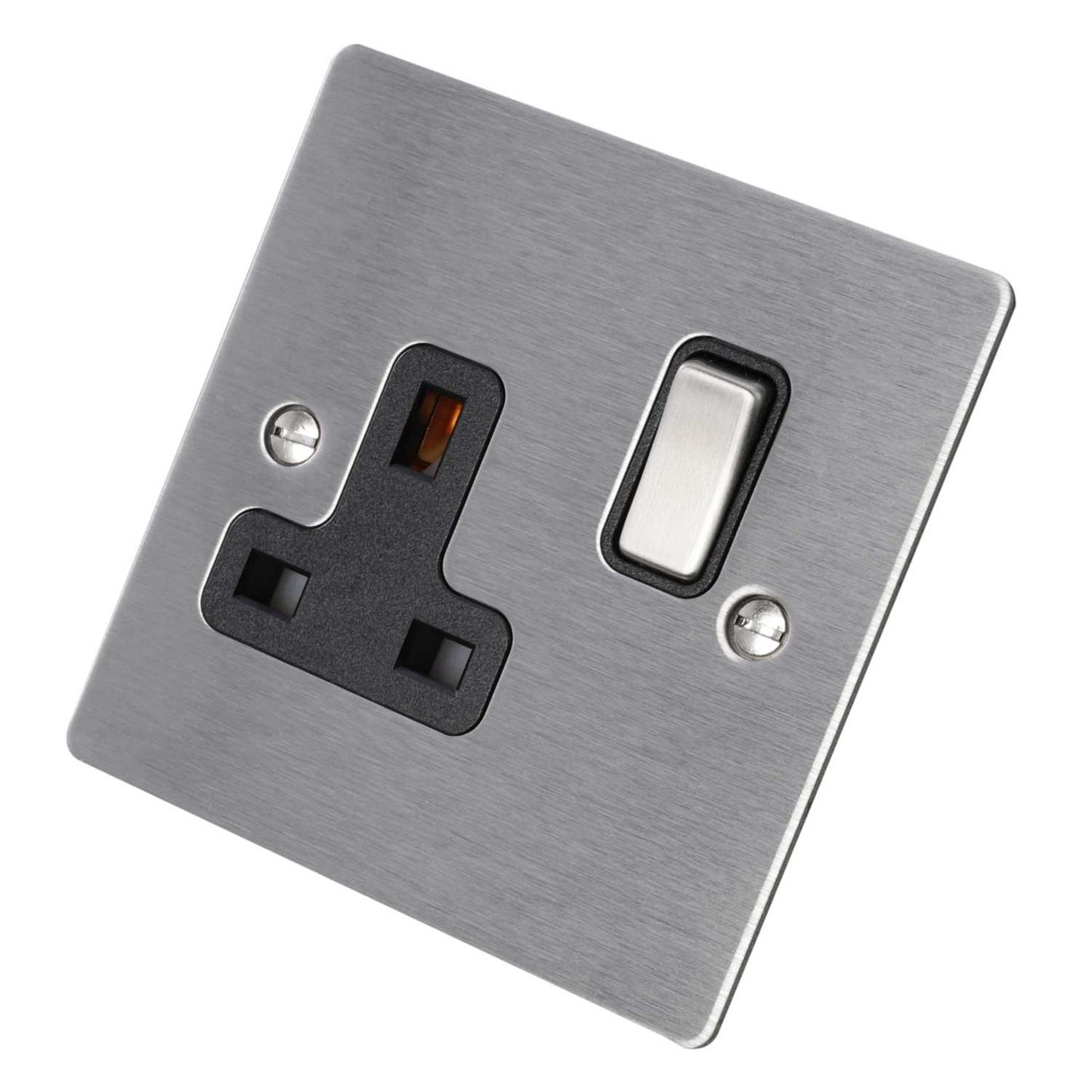 Hamilton 13A DP 1 Gang Switched Socket Black Insert Satin Steel