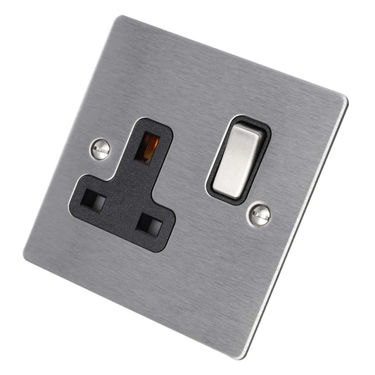 Hamilton 13A DP 1 Gang Switched Socket Black Insert Satin Steel