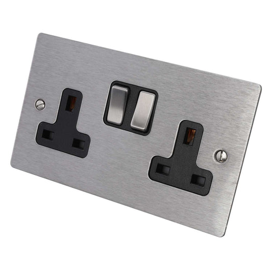 Hamilton 13A DP 2 Gang Switched Socket Black Insert Satin Steel