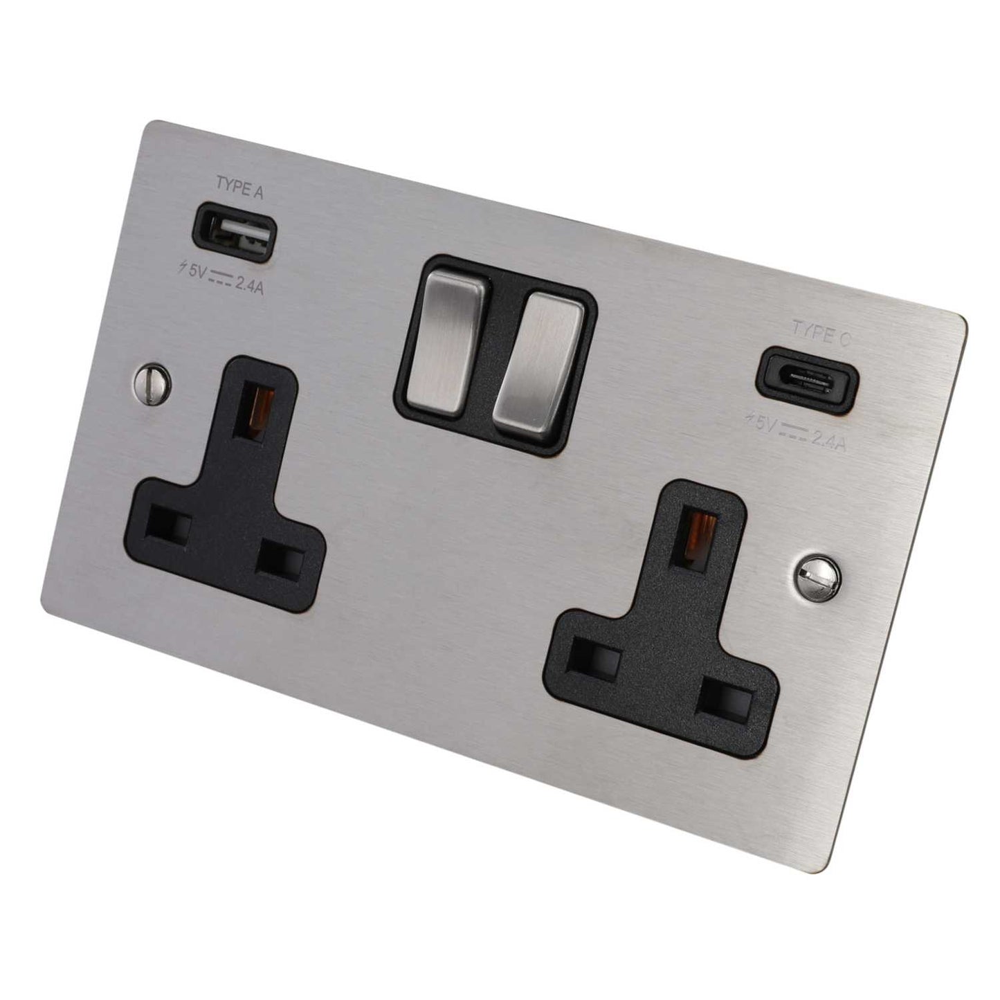 Hamilton 13A 2 Gang Switched Socket with Twin USB Outlets Black Insert Satin Steel