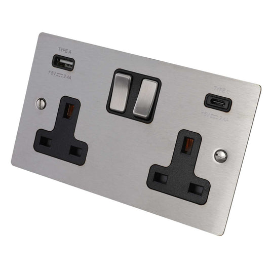 Hamilton 13A 2 Gang Switched Socket with Twin USB Outlets Black Insert Satin Steel