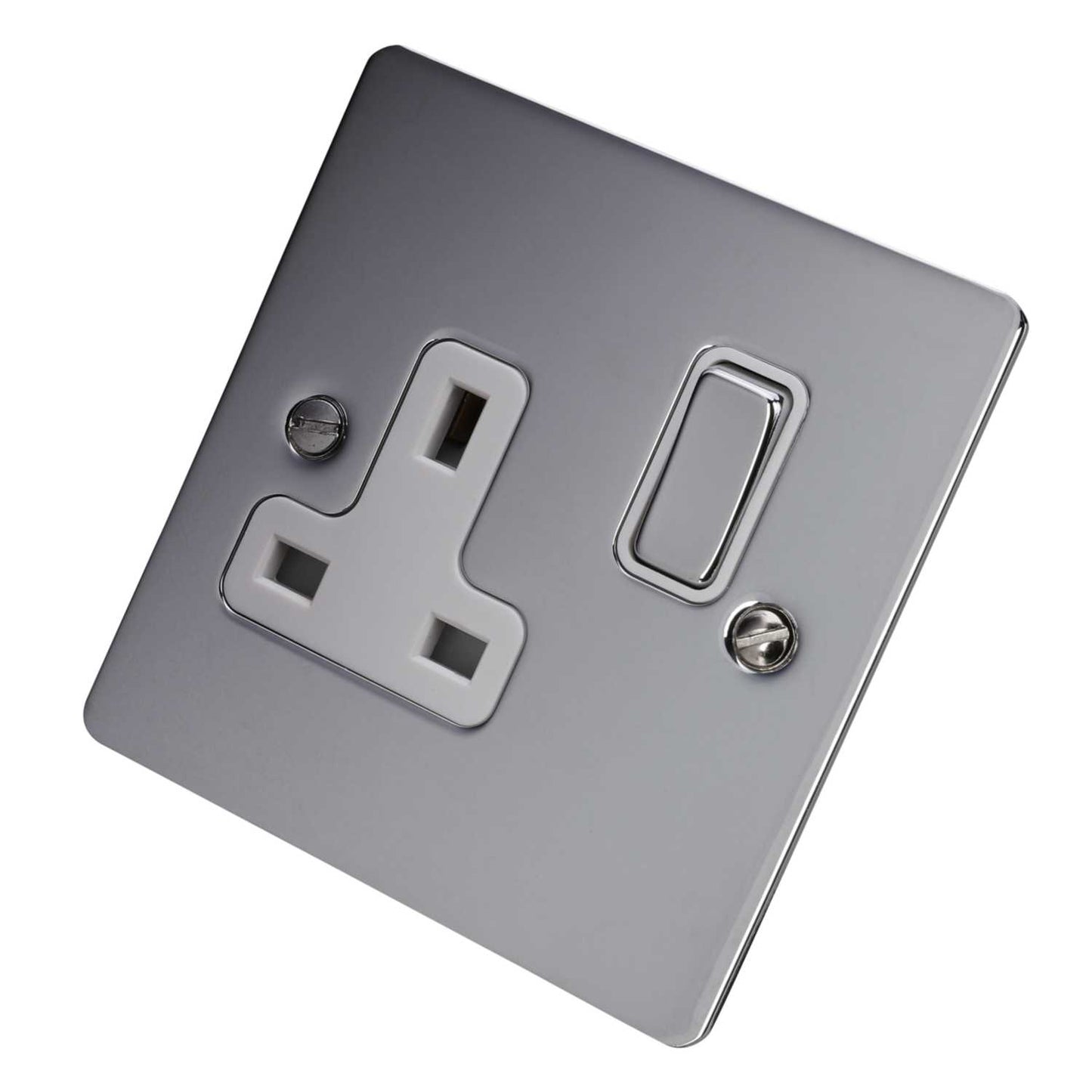 Hamilton 13A DP 1 Gang Switched Socket White Insert Bright Chrome