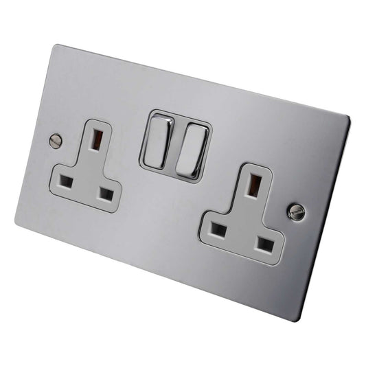 Hamilton 13A DP 2 Gang Switched Socket White Insert Bright Chrome