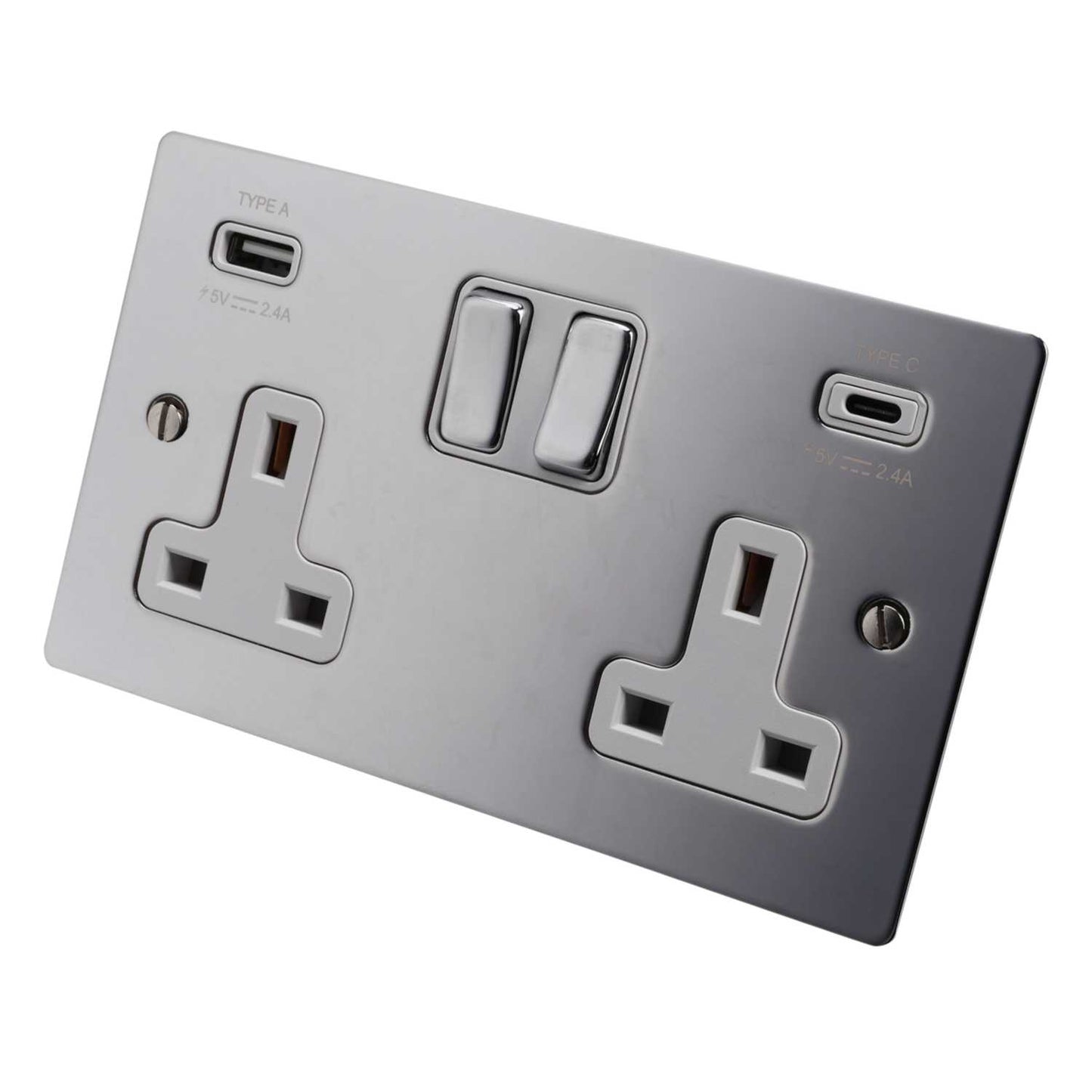 Hamilton 13A 2 Gang Switched Socket with Twin USB Outlets White Insert Bright Chrome