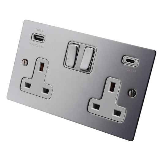 Hamilton 13A 2 Gang Switched Socket with Twin USB Outlets White Insert Bright Chrome