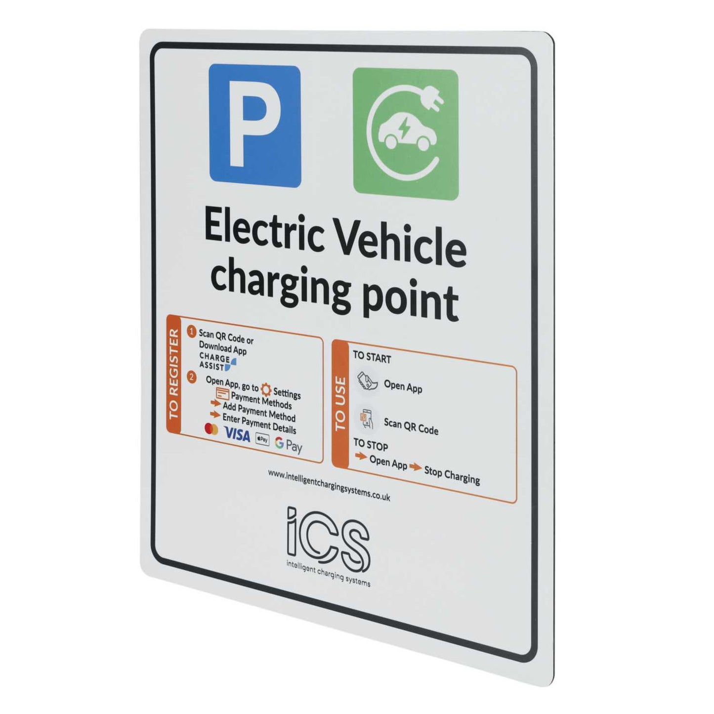 ICS 467mm x 400mm Public Use Pole Mount Reflective EV Charge Point Sign