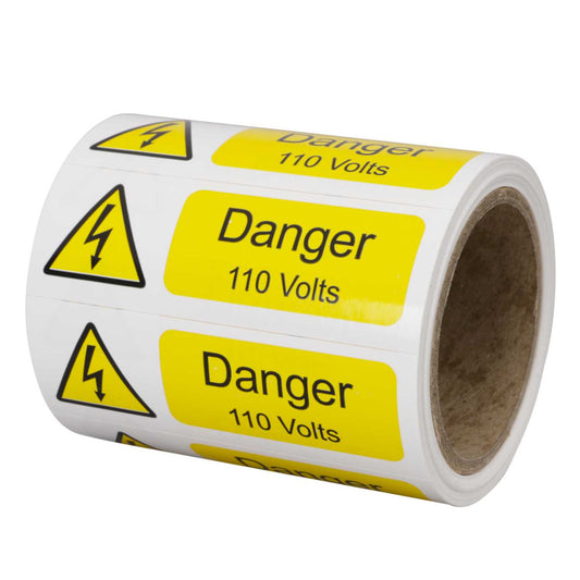 Industrial Signs 75mm x 25mm Danger 110 Volts Label (Roll of 250)