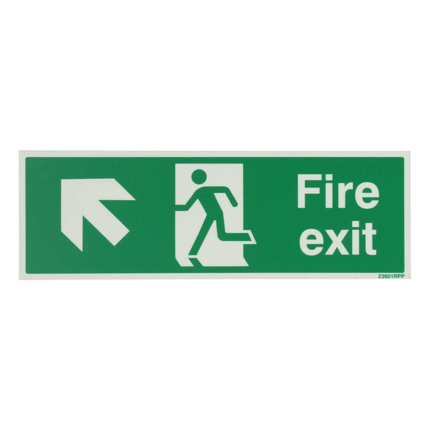 Industrial Signs 300mm x 100mm Fire Exit Arrow Up and Left Rigid PVC Photoluminescent Sign