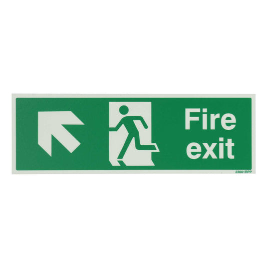 Industrial Signs 300mm x 100mm Fire Exit Arrow Up and Left Rigid PVC Photoluminescent Sign