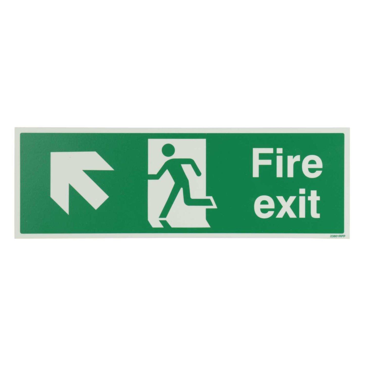 Industrial Signs 450mm x 150mm Fire Exit Arrow Up and Left Rigid PVC Photoluminescent Sign