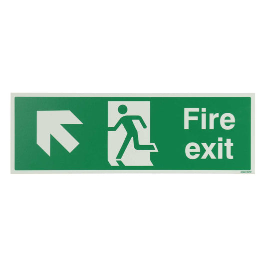 Industrial Signs 450mm x 150mm Fire Exit Arrow Up and Left Rigid PVC Photoluminescent Sign