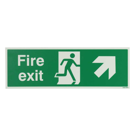 Industrial Signs 450mm x 150mm Fire Exit Arrow Up and Right Rigid PVC Photoluminescent Sign