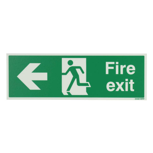 Industrial Signs 300mm x 100mm Fire Exit Arrow Left Rigid PVC Photoluminescent Sign