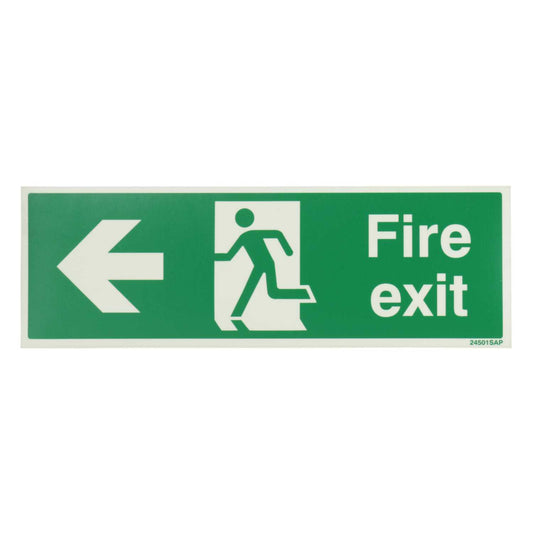Industrial Signs 300mm x 100mm Fire Exit Arrow Left Self Adhesive Photoluminescent Sign