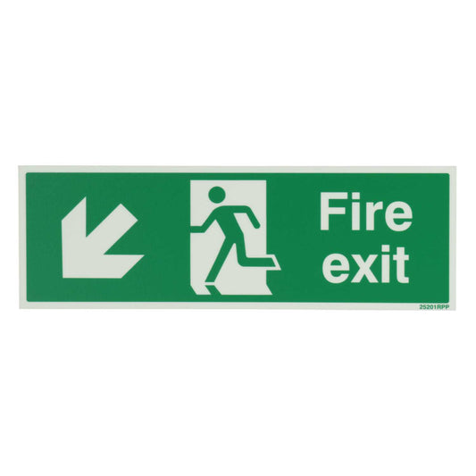 Industrial Signs 300mm x 100mm Fire Exit Arrow Down and Left Rigid PVC Photoluminescent Sign