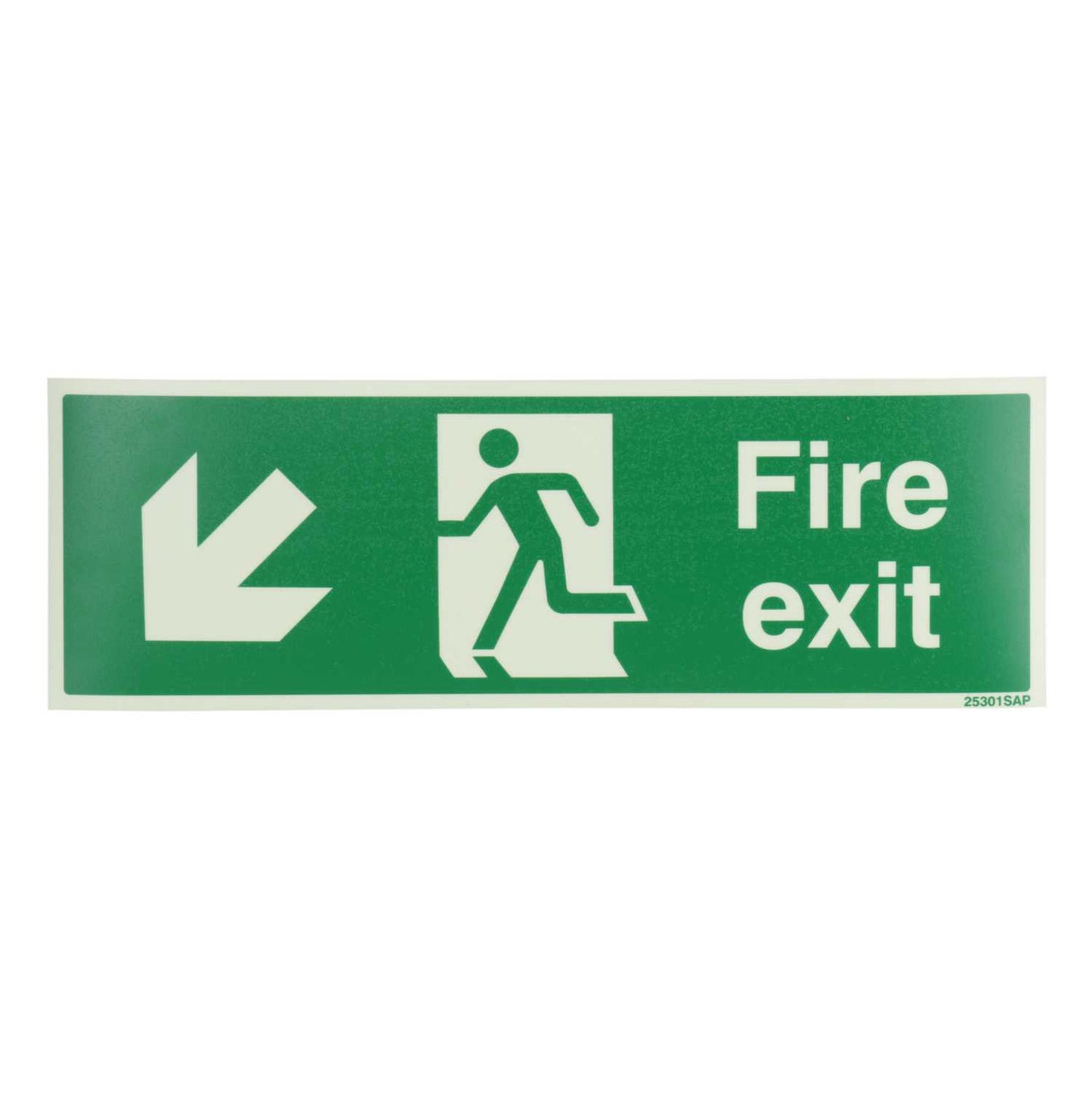 Industrial Signs 300mm x 100mm Fire Exit Arrow Down and Left Self Adhesive Photoluminescent Sign