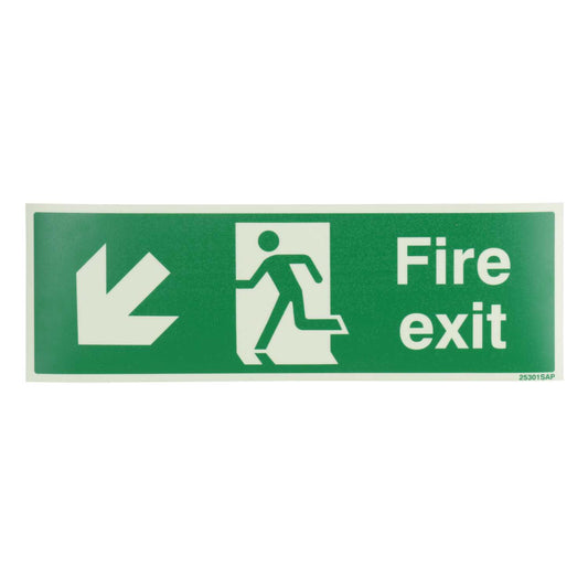 Industrial Signs 300mm x 100mm Fire Exit Arrow Down and Left Self Adhesive Photoluminescent Sign