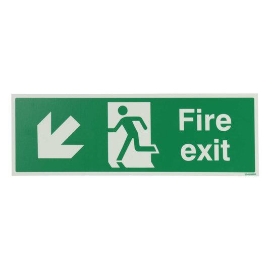 Industrial Signs 450mm x 150mm Fire Exit Arrow Down and Left Rigid PVC Photoluminescent Sign