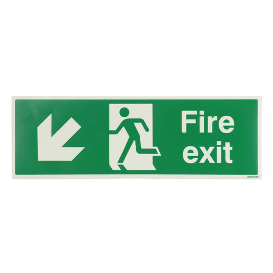 Industrial Signs 450mm x 150mm Fire Exit Arrow Down and Left Self Adhesive Photoluminescent Sign