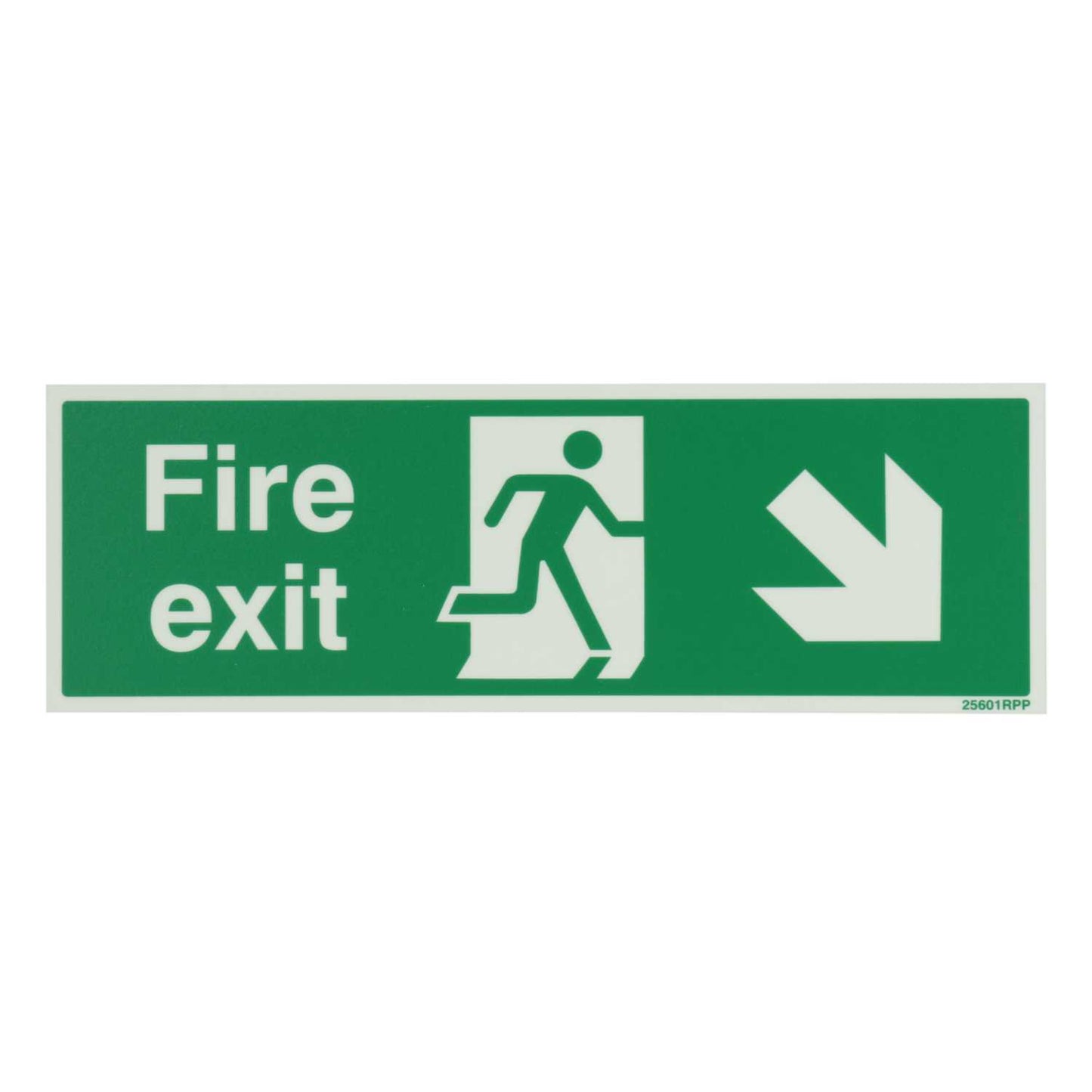 Industrial Signs 300mm x 100mm Fire Exit Arrow Down and Right Rigid PVC Photoluminescent Sign