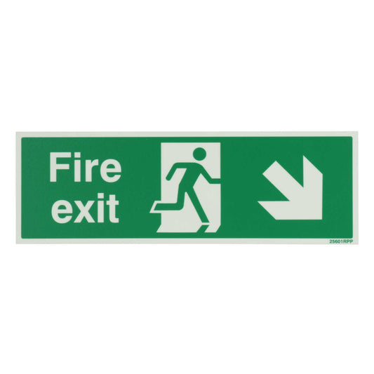 Industrial Signs 300mm x 100mm Fire Exit Arrow Down and Right Rigid PVC Photoluminescent Sign
