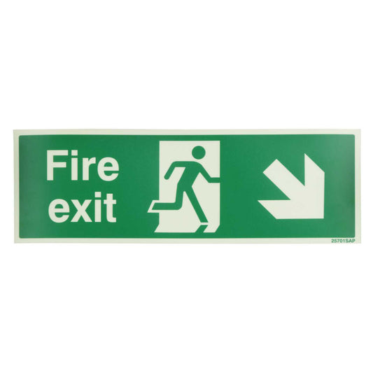 Industrial Signs 300mm x 100mm Fire Exit Arrow Down and Right Self Adhesive Photoluminescent Sign