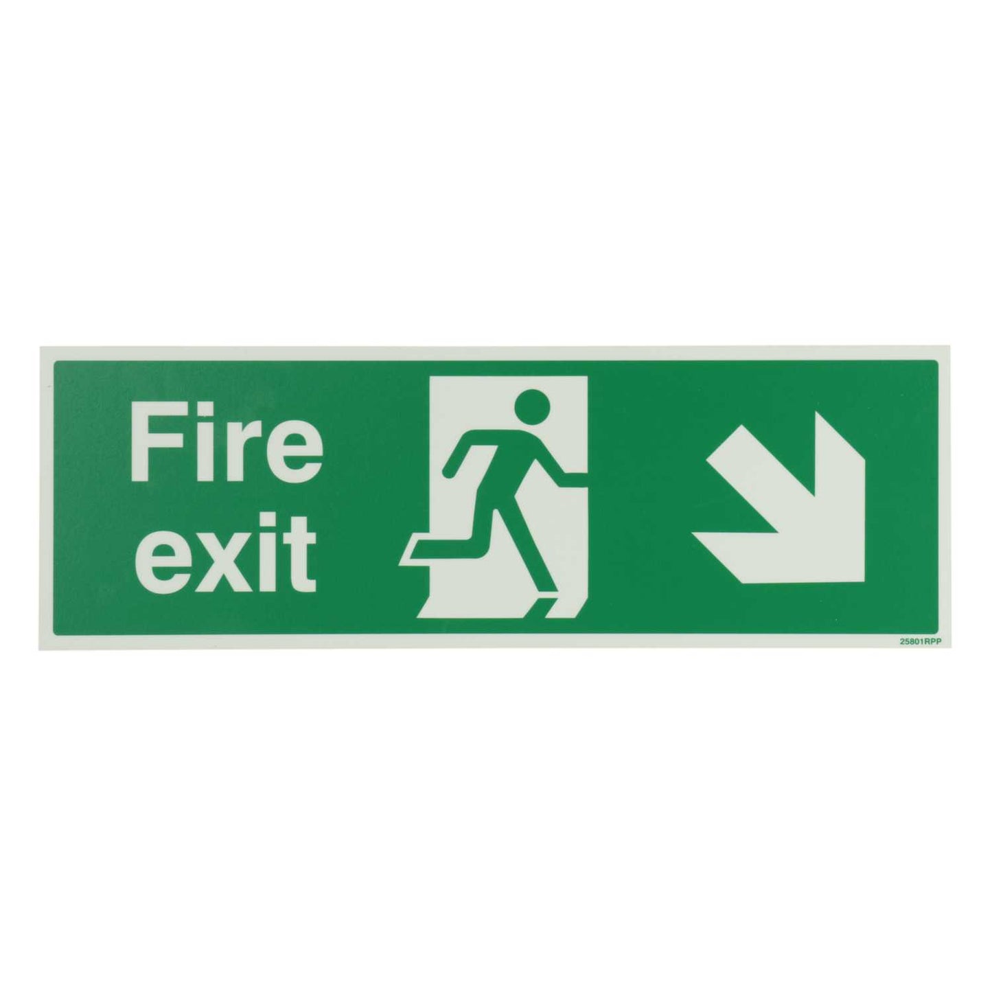 Industrial Signs 450mm x 150mm Fire Exit Arrow Down and Right Rigid PVC Photoluminescent Sign