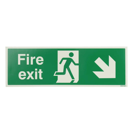Industrial Signs 450mm x 150mm Fire Exit Arrow Down and Right Self Adhesive Photoluminescent Sign