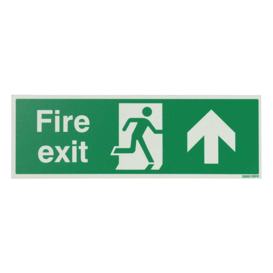 Industrial Signs 300mm x 100mm Fire Exit Arrow Up Rigid PVC Photoluminescent Sign