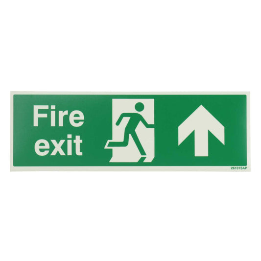 Industrial Signs 300mm x 100mm Fire Exit Arrow Up Self Adhesive Vinyl Photoluminescent Sign