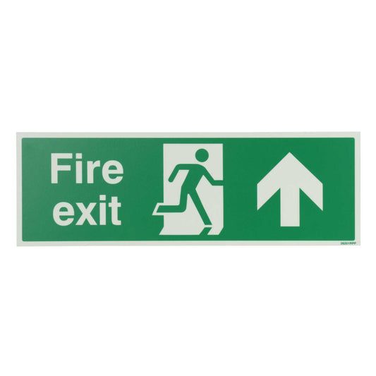 Industrial Signs 450mm x 150mm Fire Exit Arrow Up Rigid PVC Photoluminescent Sign