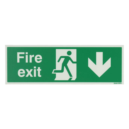Industrial Signs 300mm x 100mm Fire Exit Arrow Down Rigid PVC Photoluminescent Sign