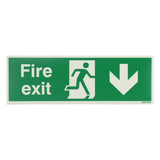 Industrial Signs 300mm x 100mm Fire Exit Arrow Down Self Adhesive Vinyl Photoluminescent Sign