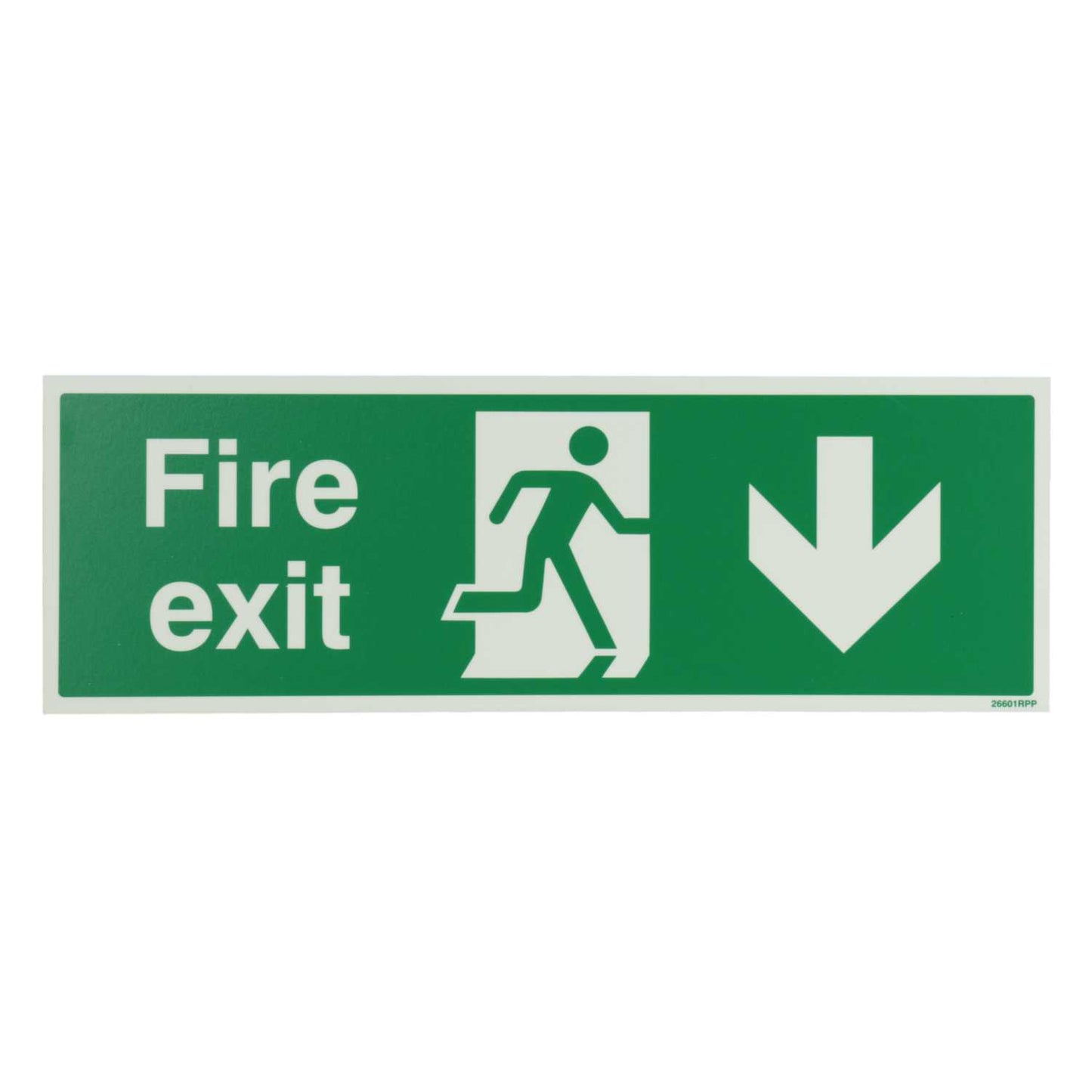 Industrial Signs 450mm x 150mm Fire Exit Arrow Down Rigid PVC Photoluminescent Sign