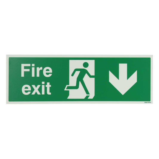 Industrial Signs 450mm x 150mm Fire Exit Arrow Down Rigid PVC Photoluminescent Sign