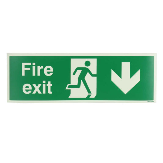 Industrial Signs 450mm x 150mm Fire Exit Arrow Down Self Adhesive Vinyl Photoluminescent Sign