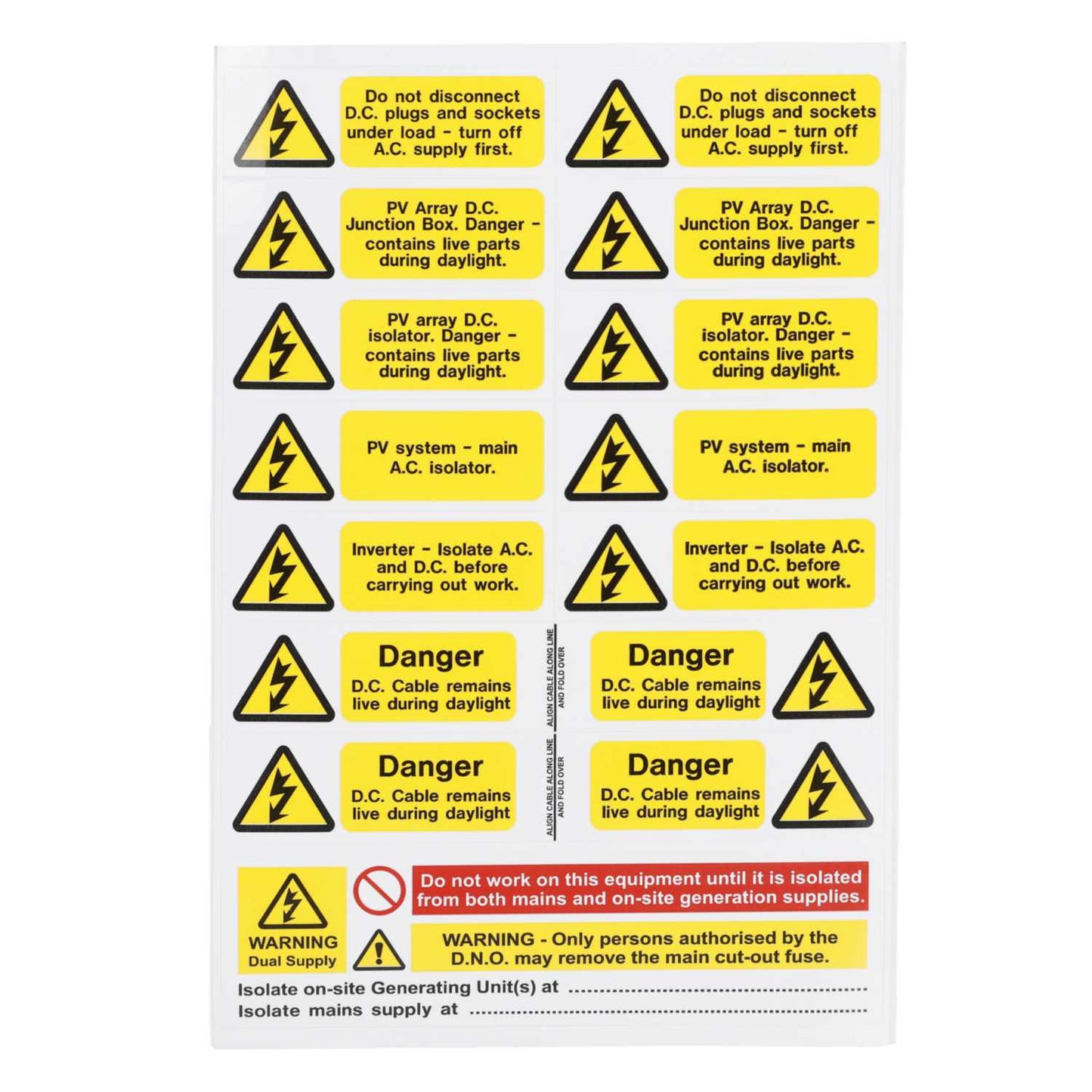 Industrial Signs Solar PV Array Self Adhesive Vinyl Label Set