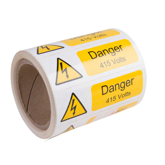 Industrial Signs 75mm x 25mm Danger 415 Volts Label (Roll of 250)