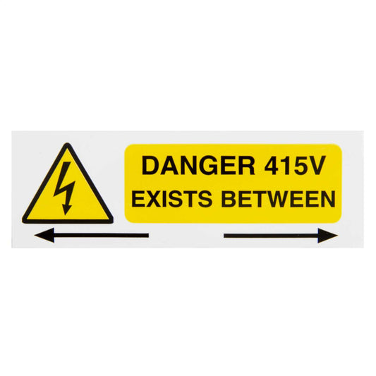 Industrial Signs 75mm x 25mm Danger 415 Volts Exists Between Label (Pack of 10)