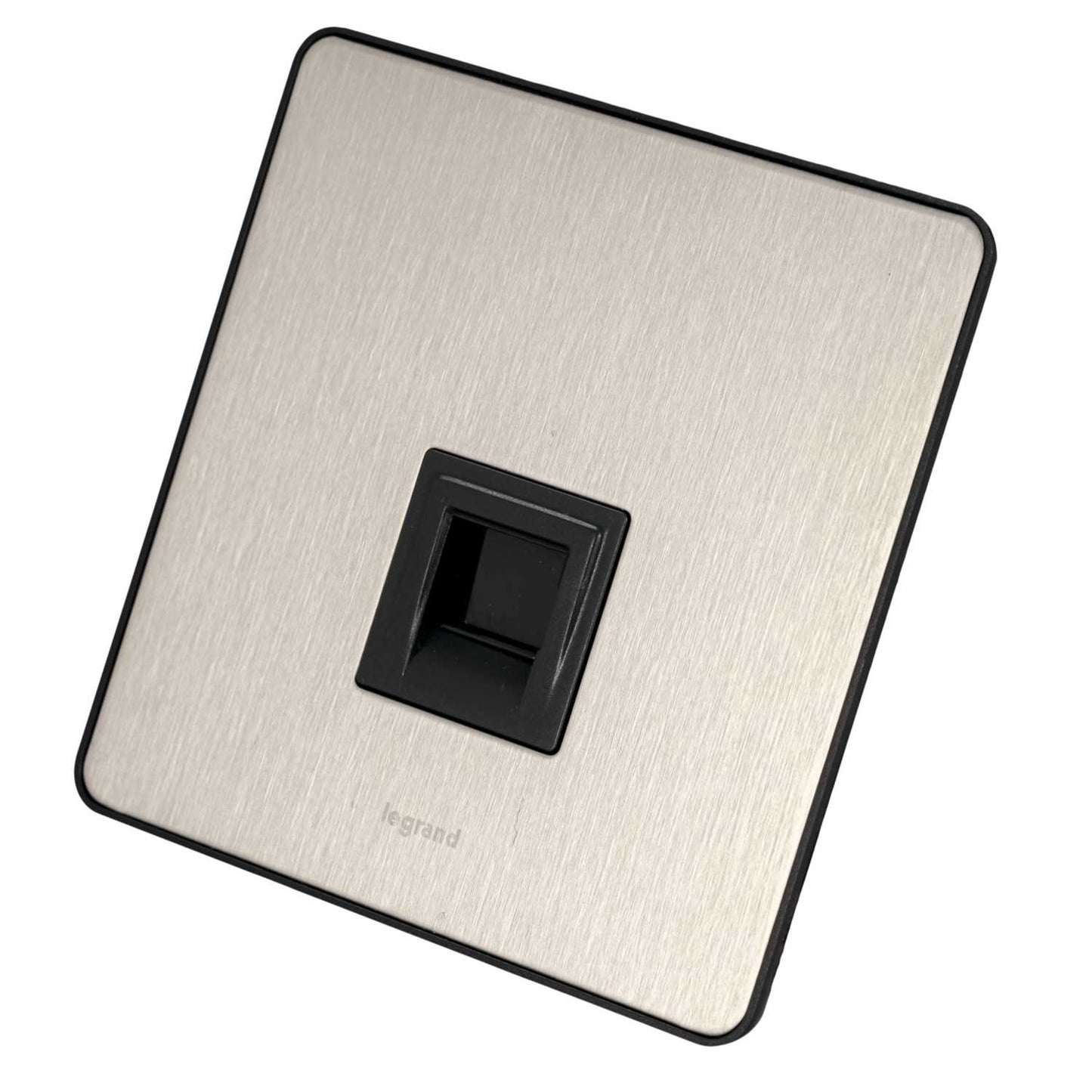 Legrand 1 Gang Screwless Secondary Telephone Socket Black Insert Brushed Stainless Steel