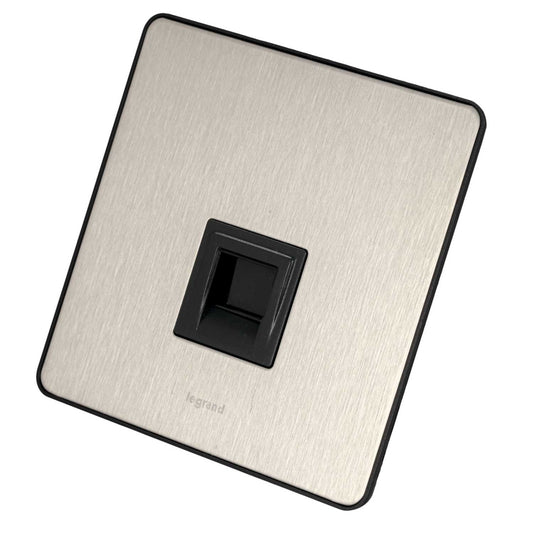 Legrand 1 Gang Screwless Secondary Telephone Socket Black Insert Brushed Stainless Steel