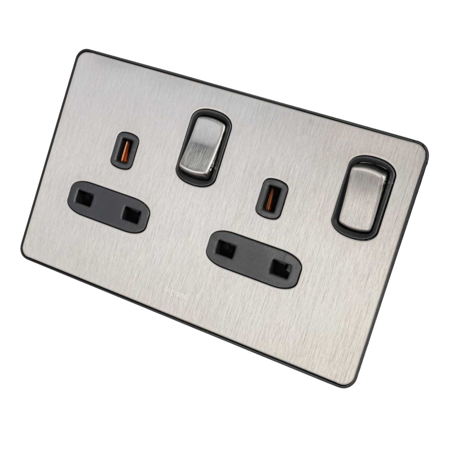 Legrand 13A DP 2 Gang Switched Socket Black Insert Brushed Stainless Steel