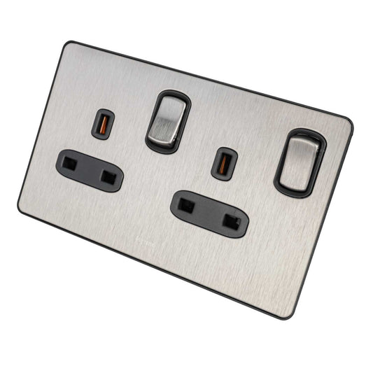 Legrand 13A DP 2 Gang Switched Socket Black Insert Brushed Stainless Steel