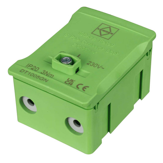 Lewden 100A 5 Way Single Pole Terminal Block Green