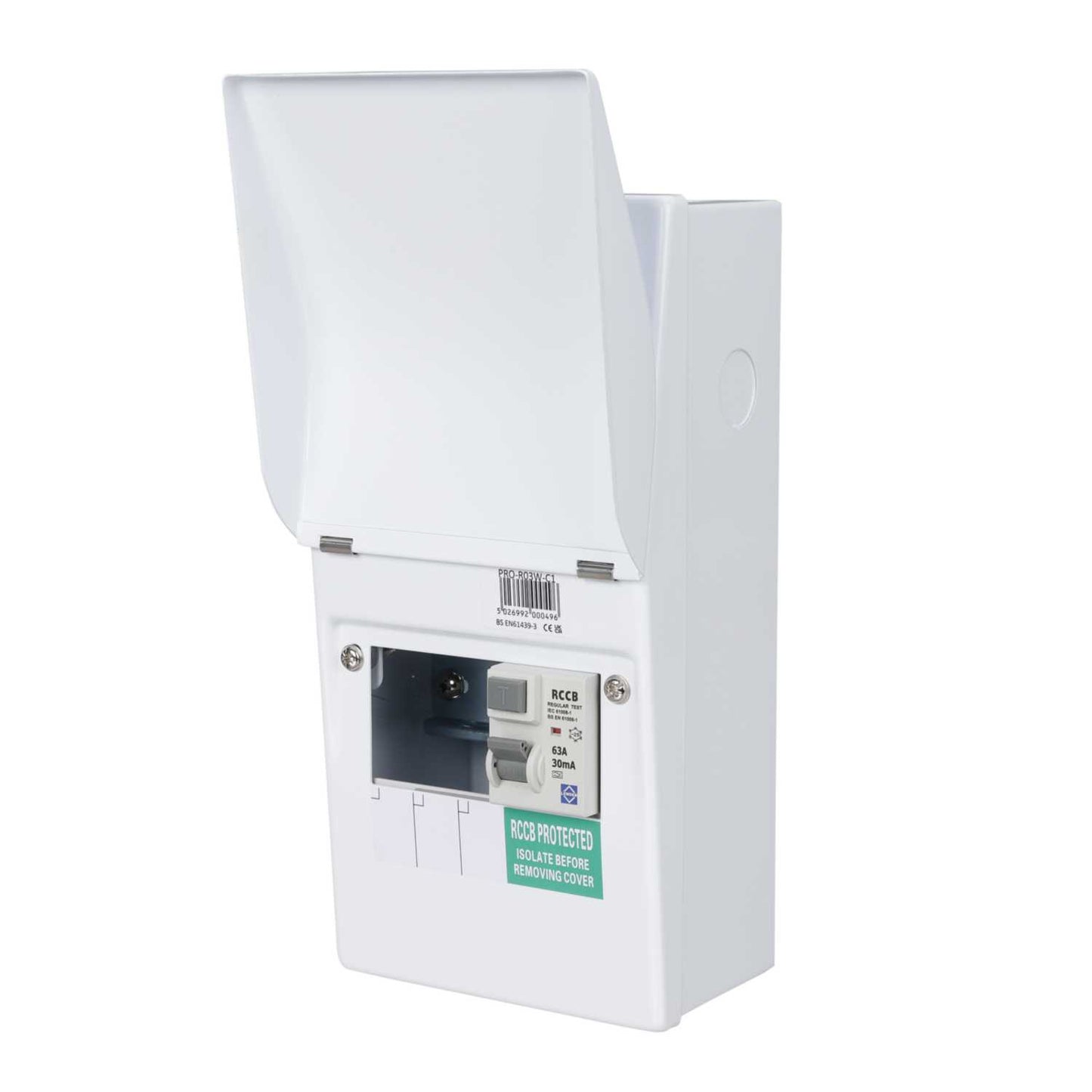 Lewden 3 Way 63A 30mA Type A RCD Incomer Metal Clad Consumer Unit with Round KOs
