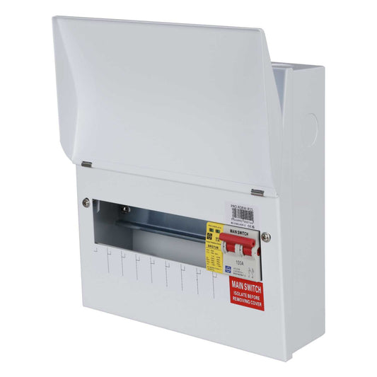 Lewden 8 Way 100A Isolator Incomer Metal Clad Consumer Unit with Type 2 SPD Round KOs