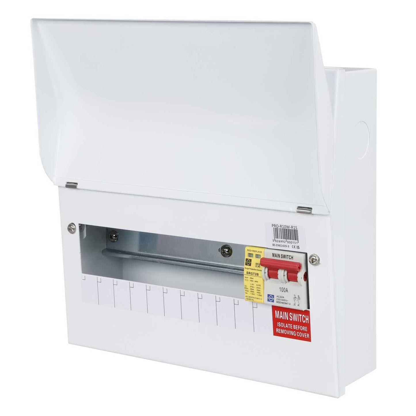 Lewden 10 Way 100A Isolator Incomer Metal Clad Consumer Unit with Type 2 SPD Round KOs