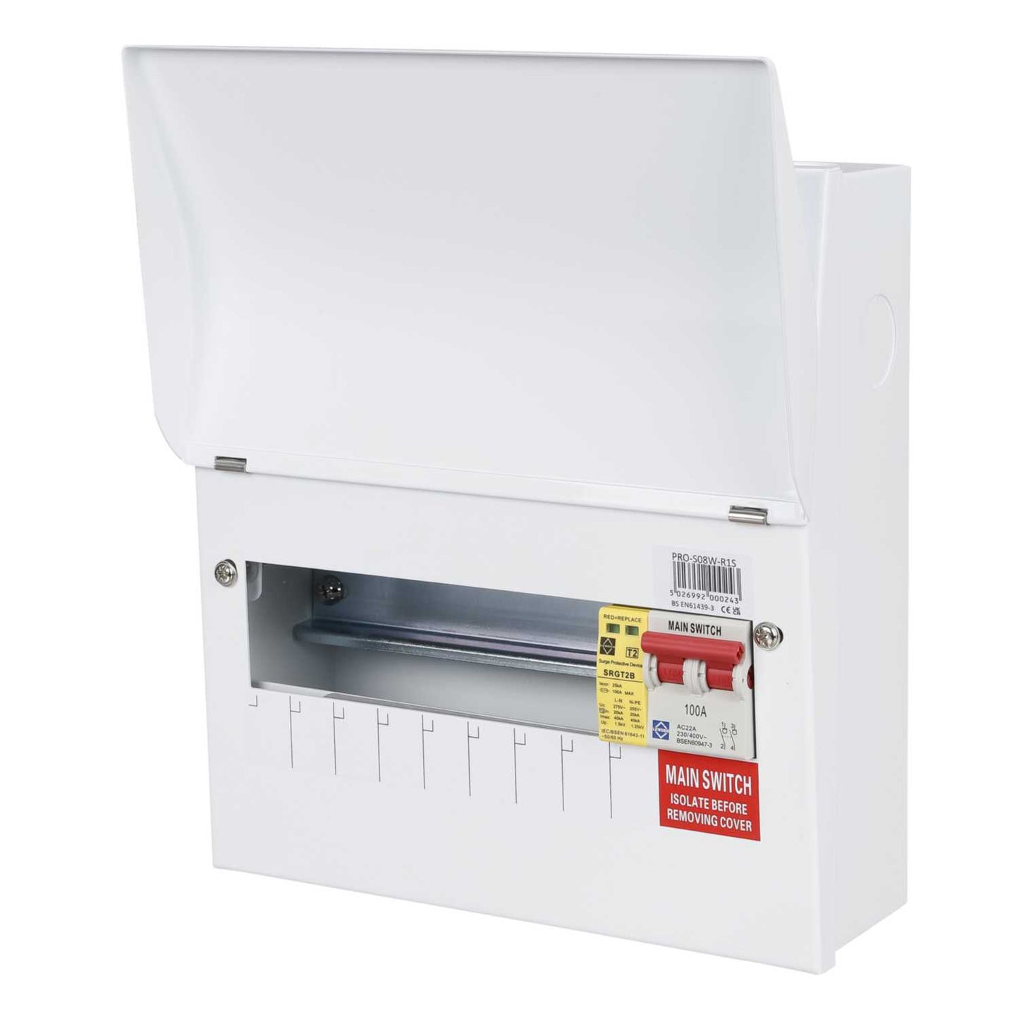 Lewden 8 Way 100A Isolator Incomer Metal Clad Consumer Unit with Type 2 SPD Square KOs