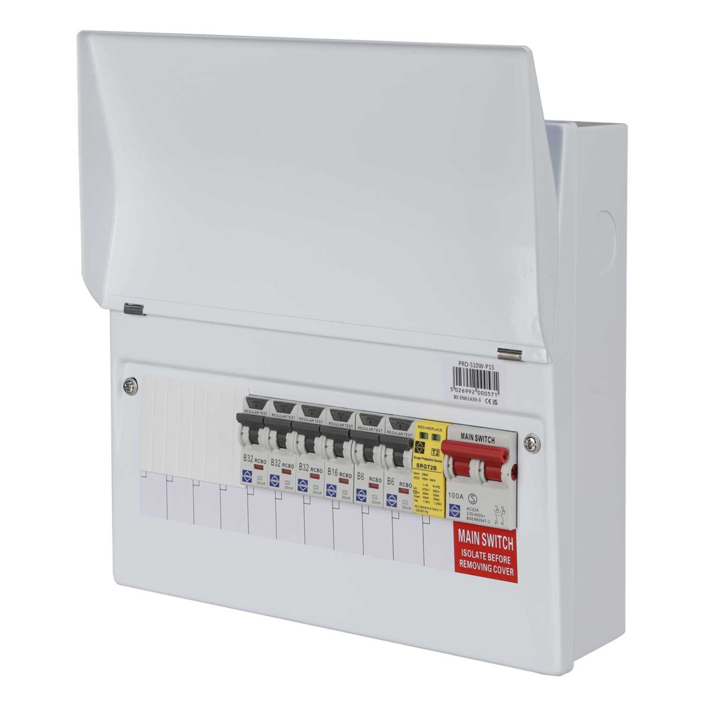 Lewden 10 Way 100A Isolator Metal Clad Consumer Unit with Type 2 SPD and 6 x RCBOs